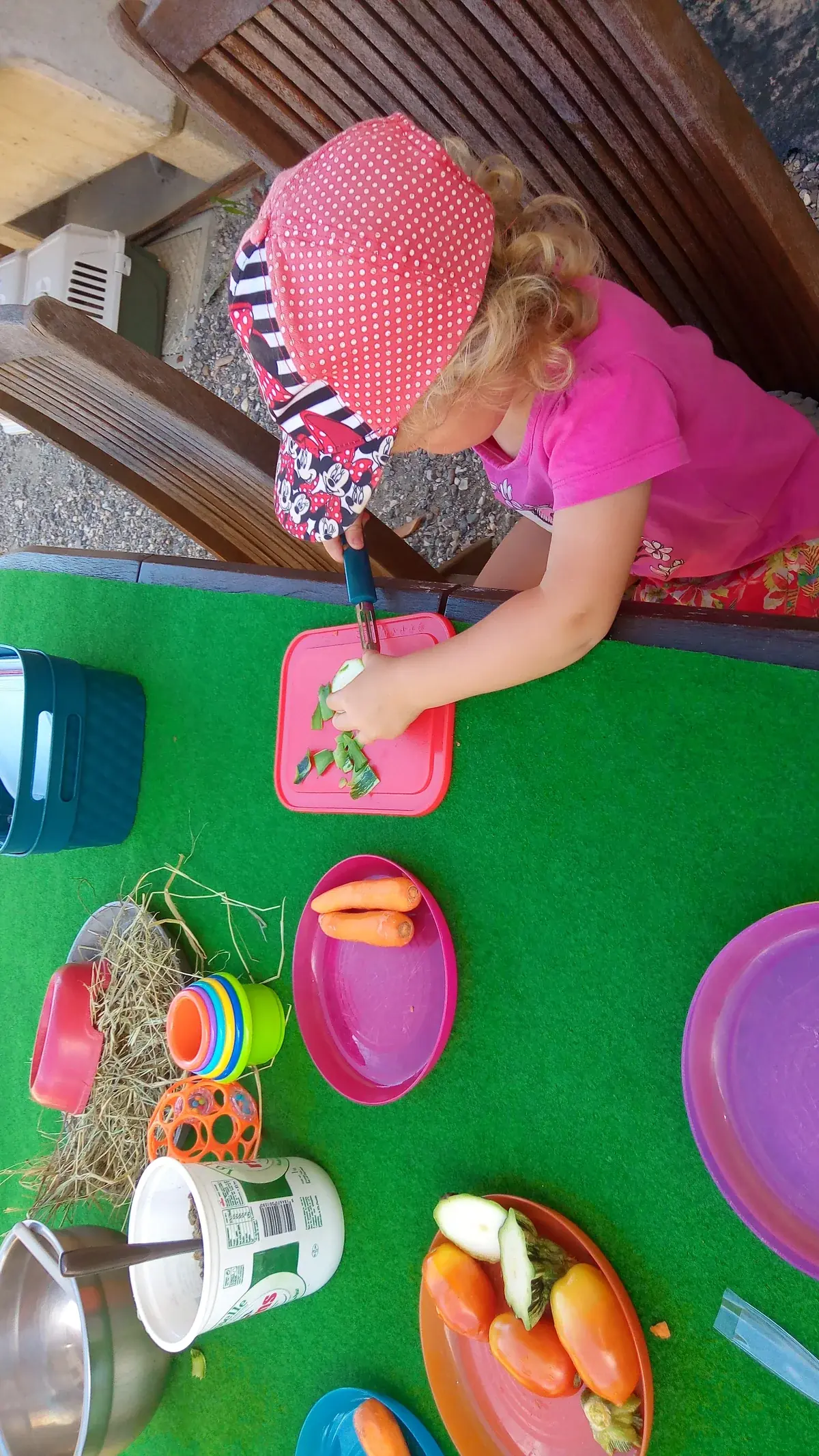 Enfant préparant des légumes pour les animaux à la mini-ferme